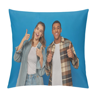 Personality  Happy Interracial Couple Showing Like And Looking At Camera On Blue Background, Emotional Reaction Pillow Covers