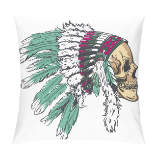 Personality  Dotwork Style Skull With Indian Feather Hat. Grunge Vector Art. Pillow Covers