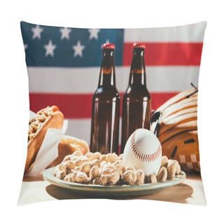 Personality  Close-up View Of Baseball Ball On Plate With Peanuts And Beer Bottles Pillow Covers