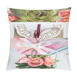 Personality  Collage Of Green Leaves, Roses, Golden Wedding Rings And Envelope  Pillow Covers