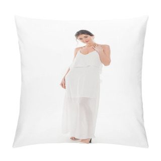 Personality  Full Length View Of Sensual Woman In Wedding Dress Smiling At Camera On White Pillow Covers