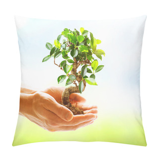 Personality  Human Hands Holding Green Plant Over Nature Background Pillow Covers