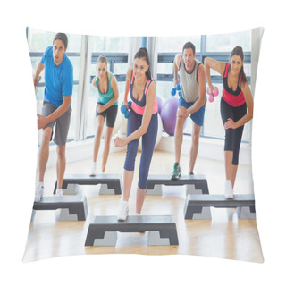 Personality  Instructor With Fitness Class Performing Step Aerobics Exercise With Dumbbells Pillow Covers