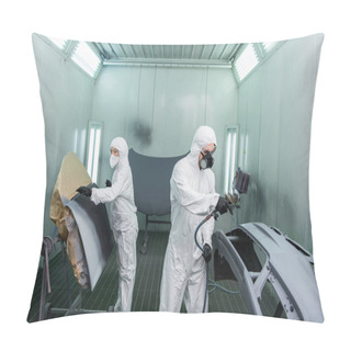 Personality  Workman Coloring Car Part Near Colleague In Hazmat Suit In Garage  Pillow Covers