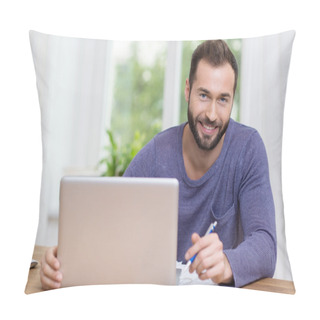 Personality  Smiling Businessman Working On A Laptop Pillow Covers