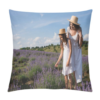 Personality  Woman And Child In Straw Hats Walking In Field Near Blooming Lavender Pillow Covers