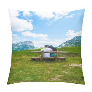 Personality  Rear View Of Couple Sitting On Wooden Bench And Looking At Mountains In Durmitor Massif, Montenegro Pillow Covers