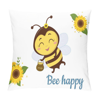 Personality  Character Cute Honey Bee With A Pot Of Honey Flies, Sunflower Flower And Leaves On White Background. Vector, Cartoon Style. Pillow Covers
