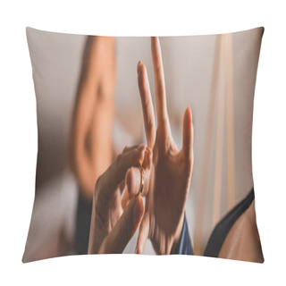Personality  Horizontal Crop Of Woman Taking Off Golden Ring With Shirtless Man At Background In Bedroom  Pillow Covers