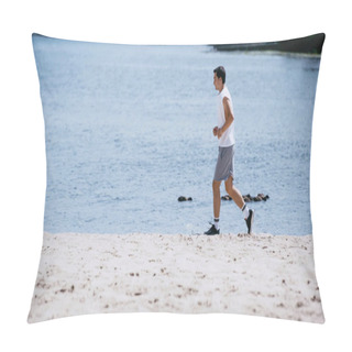 Personality  Side View Of Young Sportsman In Tank Top Jogging Near River Pillow Covers
