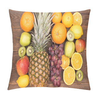 Personality  Tasty Fruit Background With Orange, Kiwi, Grape, Apples And Lemon On The Wooden Table Pillow Covers