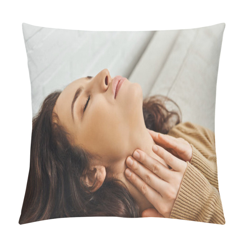 Personality  Close Up View Of Relaxed Brunette Woman In Brown Jumper Massaging Neck During Lymphatic Drainage Support And Sitting On Couch At Home, Self-care Ritual And Holistic Healing Concept, Tension Relief Pillow Covers