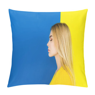 Personality  Portrait Of Girl With Closed Eyes Wearing Yellow Clothes Isolated On Blue And Yellow Background Pillow Covers