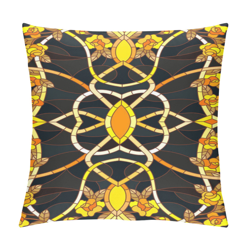 Personality  Illustration in stained glass style with floral ornament ,imitation gold on dark background with swirls and floral motifs pillow covers