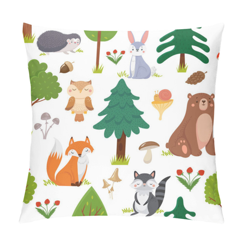 Personality  Seamless woodland animals pattern. Summer forest cute wildlife animal and forests floral cartoon vector background pillow covers