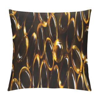 Personality  Top View Of Golden Fish Oil Capsules On Black Background In Dark, Panoramic Shot Pillow Covers