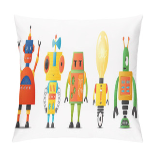 Personality  Set Of Cute Vector Robot Characters For Kids. Funny Retro Style Robotics On White Isolated Background Pillow Covers