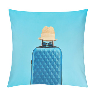 Personality  Blue Colorful Travel Bag With Handle, Sunglasses And Straw Hat Isolated On Blue  Pillow Covers