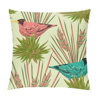 Personality  Seamless Pattern With Tropical Birds And Plants. Exotic Flora And Fauna. Vintage Hand Drawn Vector Illustration In Watercolor Style Pillow Covers