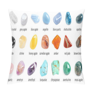 Personality  Collection Of Different Gemstones On White Background. Banner Design Pillow Covers
