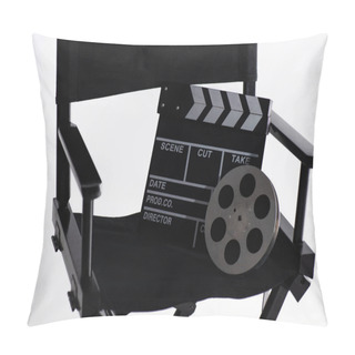 Personality  Filmmaker Chair, Clapperboard And Film Bobbin On White, Cinema Concept Pillow Covers