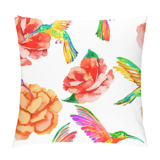 Personality  Tropical Birds And Flowers. Seamless Pattern Watercolor. Vector. Camellia, Hummingbirds. Rosa. Pillow Covers