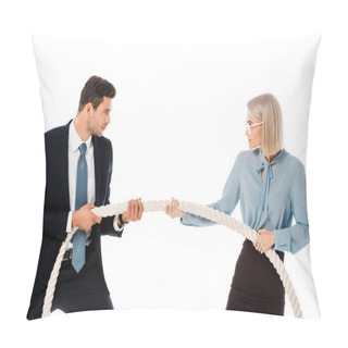 Personality  Businesspeople In Formal Wear Playing Tug Of War Isolated On White Pillow Covers