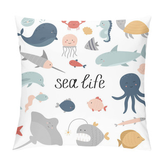 Personality  A Set Of Ocean Dwellers. Marine Life. Whale, Swordfish, Turtle, Seahorse, Stingray, Dolphin, Shark, Jellyfish, Fish, Shells, Crab, Pearl, Octopus, Starfish. Vector Illustration Pillow Covers