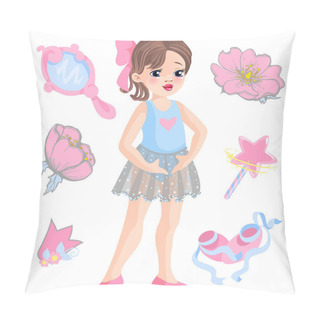 Personality  Vector Illustration Of Little Ballerina And Other Related Items Magic Wand, Star, Glitters, Flower Of Rose, Mirror, Crown, Tiara. Pillow Covers