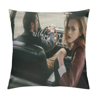 Personality  Stylish Girl Looking At Camera While Sitting In Car With Handsome Boyfriend Pillow Covers