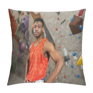 Personality  Sporty African American Man Posing In Orange Shirt With His Hands On Hips And Looking At Camera Pillow Covers