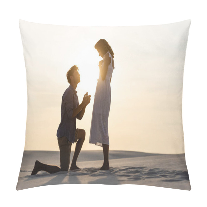 Personality  Side View Of Young Man Doing Marriage Proposal To Girlfriend On Sandy Beach At Sunset Pillow Covers