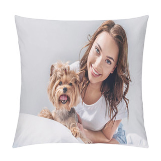 Personality  Portrait Of Young Smiling Woman With Yorkshire Terrier Resting On Bed Isolated On Grey Pillow Covers