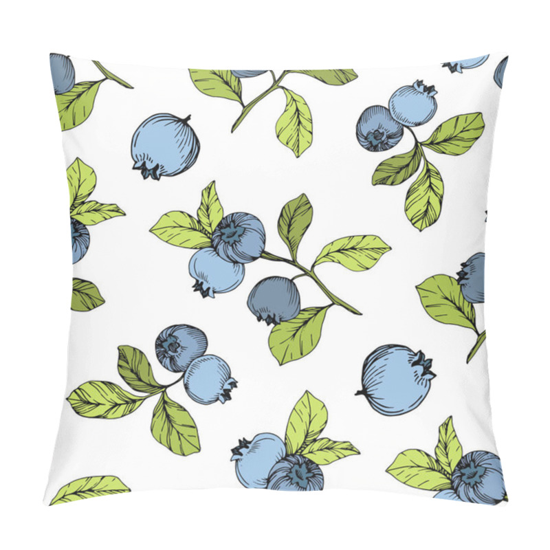Personality  Vector Blueberry Green And Blue Engraved Ink Art. Berries And Green Leaves. Seamless Background Pattern. Pillow Covers