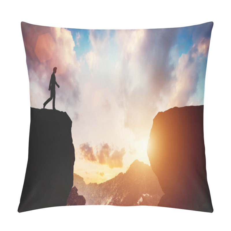 Personality  Male silhouette walking on other side of mountain at sunset pillow covers