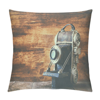 Personality  Vintage Old Decorative Camera On Brown Wooden Background. Room For Text. Pillow Covers