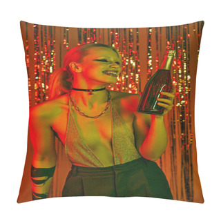 Personality  A Woman Holding A Bottle In Her Hand At A Lively Rave Party Or Nightclub Pillow Covers