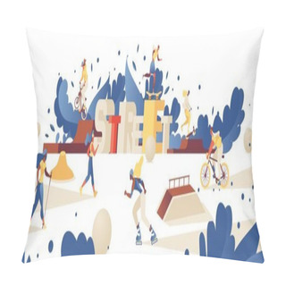 Personality  Concept Illustration With Lettering 3d Letters Street And Different Outdoor Park Activities Like Roller Skating, Bmx Bike Riding, Training On Scooter, Nordic Walking. Different Women Doing Sport Pillow Covers