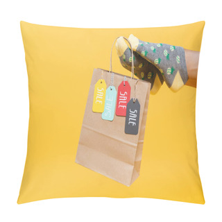 Personality  Cropped View Of Paper Bag With Sale Tags Hanging On Woman Leg In Socks Isolated On Yellow Pillow Covers