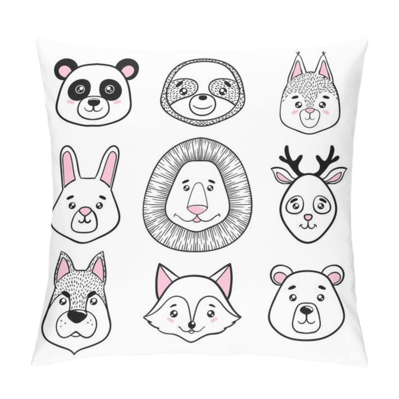 Personality  set of cute animal faces black, white. panda, sloth, squirrel, bunny, lion, deer, dog, fox, bear. scandinavian style. design holiday greeting cards, invitations, print, t-shirts, home decor, posters pillow covers