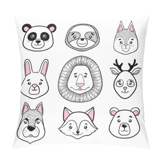 Personality  Set Of Cute Animal Faces Black, White. Panda, Sloth, Squirrel, Bunny, Lion, Deer, Dog, Fox, Bear. Scandinavian Style. Design Holiday Greeting Cards, Invitations, Print, T-shirts, Home Decor, Posters Pillow Covers