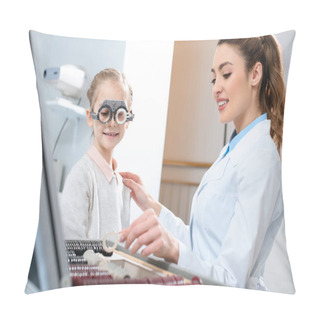 Personality  Ophthalmologist Examining Kid Eyes With Trial Frame And Lenses Pillow Covers