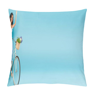 Personality  Panoramic Crop Of Cheerful African American Girl In Headphones Riding Bicycle And Waving Hand On Blue, Summer Concept  Pillow Covers