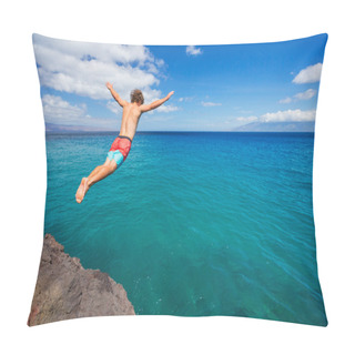 Personality  Man Jumping Off Cliff Into The Ocean Pillow Covers