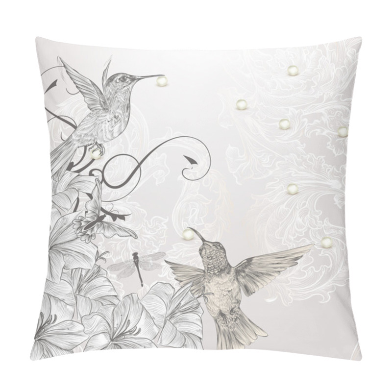 Personality  Beautiful vector background in vintage style with birds and flow pillow covers