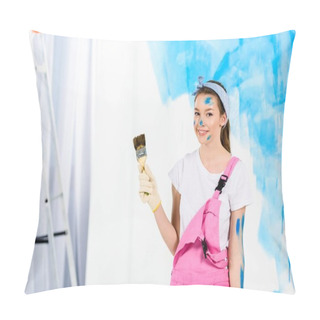 Personality  Smiling Girl Holding Paint Brush And Looking At Camera  Pillow Covers