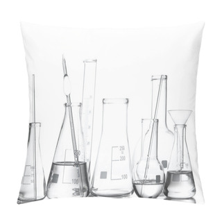 Personality  Different Laboratory Glassware With Water And Empty With Reflection Isolate Pillow Covers