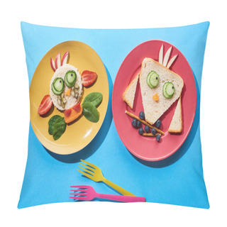 Personality  Top View Of Plates With Fancy Cow And Bird Made Of Food For Childrens Breakfast Near Forks On Blue Background Pillow Covers
