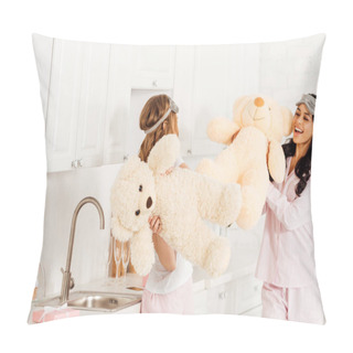 Personality  Beautiful Multicultural Girls Playing With Teddy Bears During Pajama Party At Home Pillow Covers