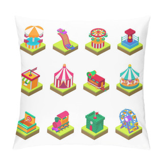 Personality  Park Amusement Attraction Park With Carousels Kid Outdoor Entertainment Construction Vector Illustration Isometric Game 3d Style Isolated Pillow Covers